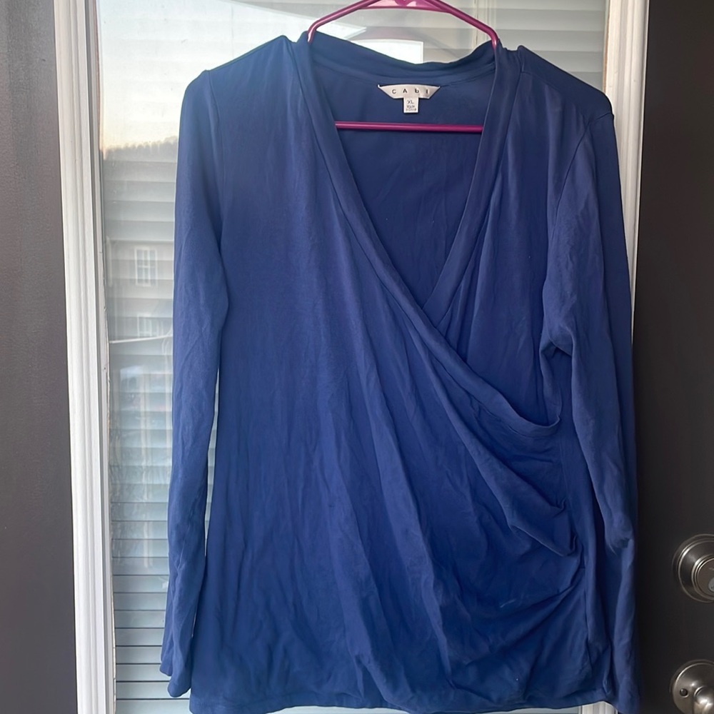 CAbi Blue Faux Wrap Draped Long Sleeve Tee